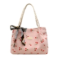 Bolso tote de pana rosa con estampado de cerezas, asas de cuerda y un pañuelo de seda - Cereza rosa