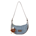 Bolso bandolera de media luna en denim azul con ribete de cuero marrón y colgante - Bolso Azul Denim Sin Adorno / Azul Denim