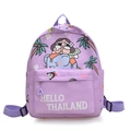 Light purple kids backpack featuring cartoon elephant illustration and Hello Thailand text - Purple