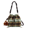 Retro plaid tweed bucket bag in dark green and caramel with a woven handle accessory - Single Bag / Green