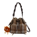 Brown plaid tweed bucket bag with woven handle and plush monster charm detail - Single Bag / Brown