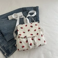 Chic strawberry print corduroy backpack for women with drawstring and flap closure - White