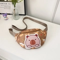 Brown nylon kids chest bag with cartoon capybara print and adjustable shoulder strap - Brown