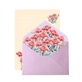 Detail van een lila envelop en briefpapier met roze aquarelpatronen van pioenrozen - Envelop En Briefpapier / Peony Style