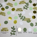 Set coriandoli Happy Birthday verde e oro con paillettes esagonali e foglie - Set di Confetti Esagonali