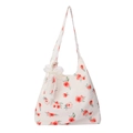 Floral print canvas tote bag with red roses and decorative white lace bow - Bag / Rose Style