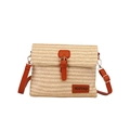 Straw messenger bag with brown leather strap and trim on a clean white background - Khaki