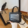 Chic black PU leather handbag with transparent window and detachable shoulder strap - Black