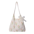 Floral tulip tote bag in off-white fabric with lace and pearl bow charm detail - Bag / Lily Style