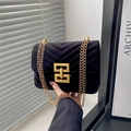 Retro black chevron velvet shoulder bag with golden geometric lock and chain straps - Black