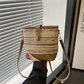 Bolso cubo de paja tejida con ribete de cuero marrón, cierre dorado y correa delgada - café