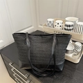 Black woven tote bag with leather contrast and large capacity for beach or shopping - Black