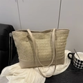 Beige woven tote bag with herringbone texture and reinforced shoulder straps - Khaki