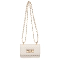 Chic cream white mini crossbody bag with V-quilted faux leather and gold chain strap - White