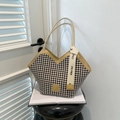 Sac fourre-tout pied-de-poule noir et blanc chic avec encolure en V et détails en cuir - Kaki