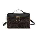 Fashionable leopard print trapezoid crossbody box bag with gold metal zippers - Black