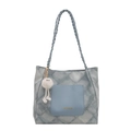 Borsa tote in denim a scacchi blu con tasca alla moda e ciondolo a forma di peluche - Borsa Singola / Blu