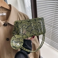 Snake skin pattern handbag with yellow and black texture and circular coin purse charm - Main Bag and Round Pouch Set / Green