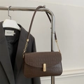 Deep brown faux crocodile leather rectangular shoulder bag with golden chain strap and lock - Brown