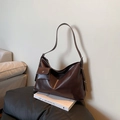 Dark brown oversized PU leather hobo tote bag with matching mini pouch and chain charm - Coffee
