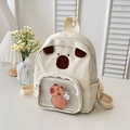 Creamy white cartoon capybara backpack with bear ears and mesh pocket for kids - White