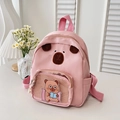 Pink cartoon capybara backpack for kids with transparent mesh pocket and soft ears - Pink