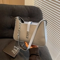 French style underarm bag with beige twill fabric and light blue leather trim detail - Blue
