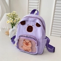 Cute purple capybara cartoon backpack for kids with transparent front mesh pocket - Purple