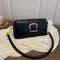 Chic black baguette shoulder bag with gold metal buckle and leather chain strap - Black