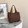 Brown corduroy tote bag with cute cartoon bear prints and Smile text embroidery - Brown