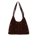 Retro dark brown suede hobo bag with gold stud accents and large capacity shoulder strap - Coffee