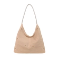 Borsa hobo minimalista beige con borchie dorate e finitura scamosciata per uso quotidiano - Beige