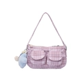 Bolso de hombro de pana a cuadros rosas con bolsillos frontales y colgante de corazón - Solo Bolsa / Rosa