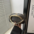 Elegant dark grey half-moon clutch bag with gold C-handle and metallic chain strap - Black