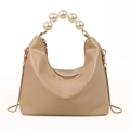 Mini sac à main beige avec poignée en perles et bandoulière chaîne dorée élégante - Kaki