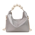Silver crescent mini bag with elegant pearl handle and golden chain shoulder strap - Silver