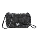 Modische schwarze Tweed-Schultertasche mit Fransen und silbernem Kettenriemen - Schwarz