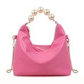 Chic pink pillow handbag with white pearl handle and golden snake chain strap for women - Rose Pink