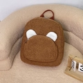 Brown teddy fleece mini backpack with cute white bear ears and front zipper pocket - Brown