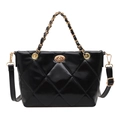 Quilted black glossy handbag with gold chain handle and rhombus pattern for women - Black