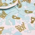 Blue baby shower confetti with gold glitter It's a BOY letters and paper footprints - Blue and Gold Footprints (Boy)