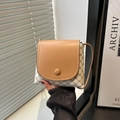 Borsa a secchiello vintage con monogramma, finiture in pelle marrone e tela bianca - Cachi e Bianco