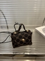 Mini vintage brown leather neck pouch with chain lock print and gold snap button - Brown