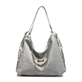 Silver hobo bag with pearl butterfly chain and metallic texture for women's modern style - Silver