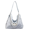 Baby blue hobo bag with silver butterfly chain and pearl details on white background - Blue