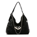Black velvet shoulder bag with silver butterfly charm and pearl details in luxury style - Black