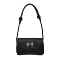 Bolso de hombro minimalista en cuero negro con lazo metálico plateado y correa de nudo - Negro