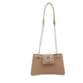 Chic beige crossbody bag with sparkling rhinestone buckle and silver chain strap - Khaki