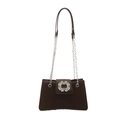 Deep brown leather shoulder bag with a large rhinestone buckle and silver chain strap - Brown