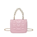 Pink heart-embossed crossbody bag with luxury pearl handle and gold chain strap - Pink